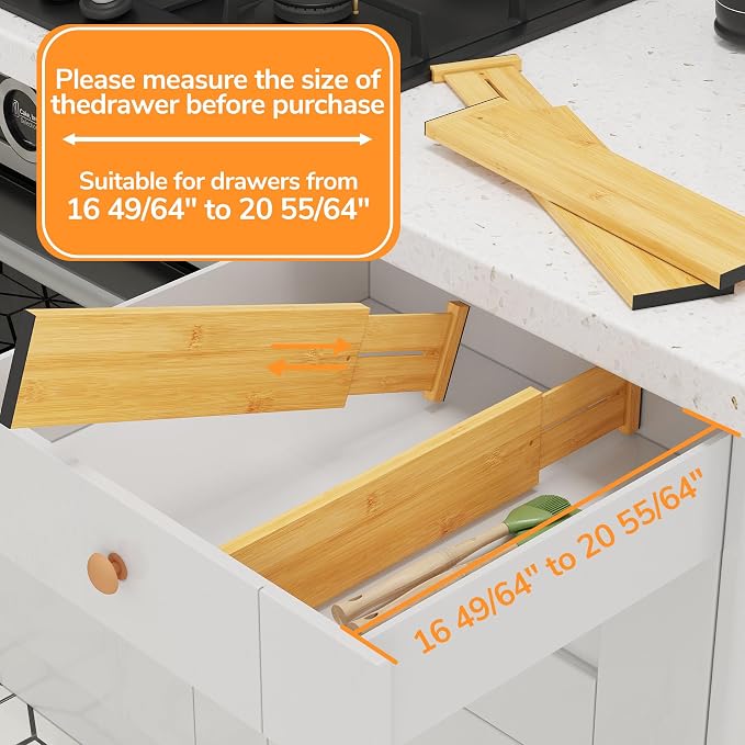BAMEOS Bamboo Expandable Drawer Dividers – Fits 16.65"–22" Drawers, Bathroom & - Image 3