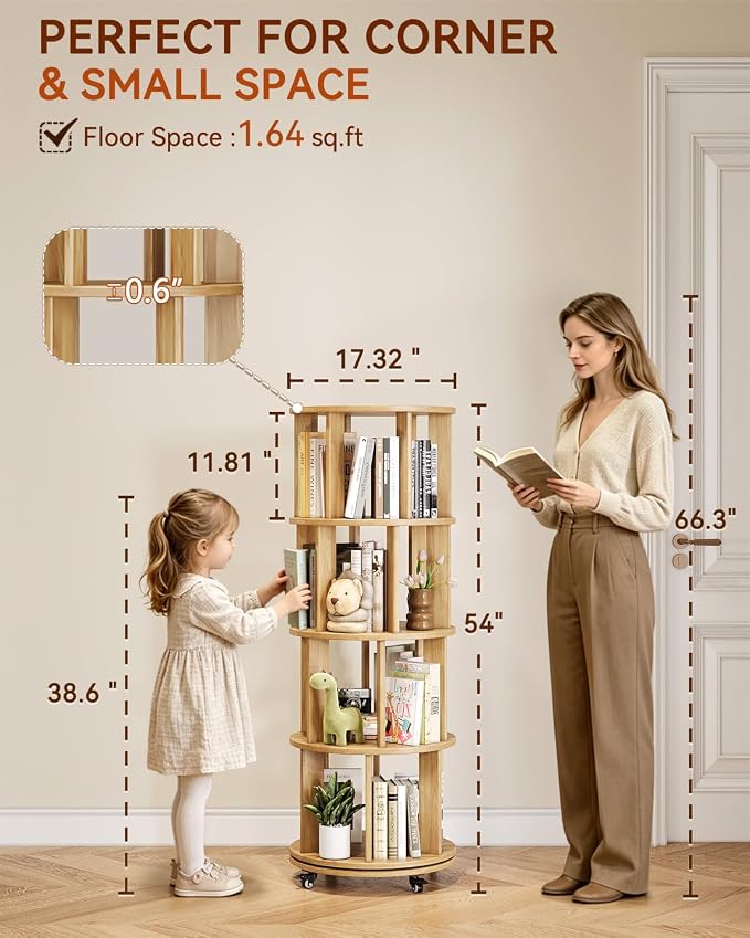 IUNVR Rotating Bookshelf, 4 Tier Solid Wood Bookshelf Tower - Image 2