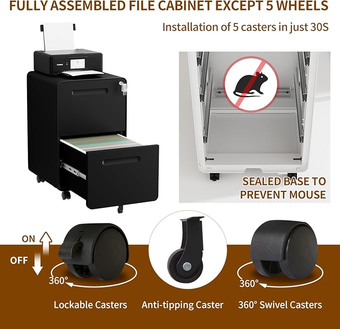 2 Drawer File Cabinet with Lock and 4 Keys, Mobile Metal Filing Cabinet - Image 9