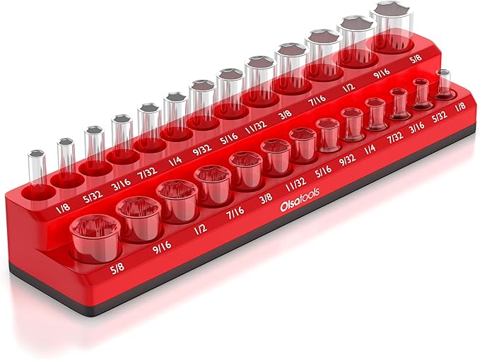 Olsa Tools Magnetic Socket Organizer | 1/4-inch Drive | SAE | RED | Holds 26 by OlsaTools
