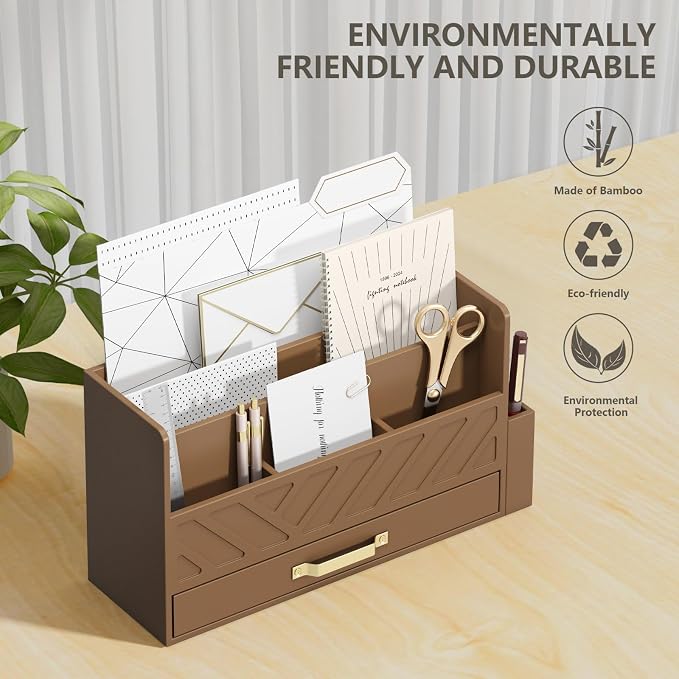 Bamboo Desk Organizer Mail Holder Countertop Wood Desk Drawer Tabletop Storage - Image 2