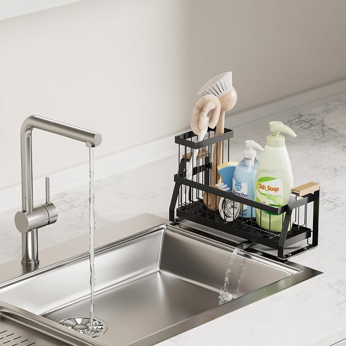 Sink Caddy Organizer with Wooden Handle & Self-Draining Tray, Trapezoid Kitchen - Image 6