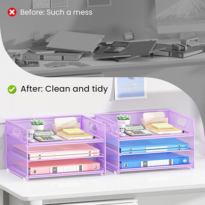 Subekyu 2-Pack 3-Tier Purple Metal Mesh Desk Paper Letter Tray & File Sorter - Image 2