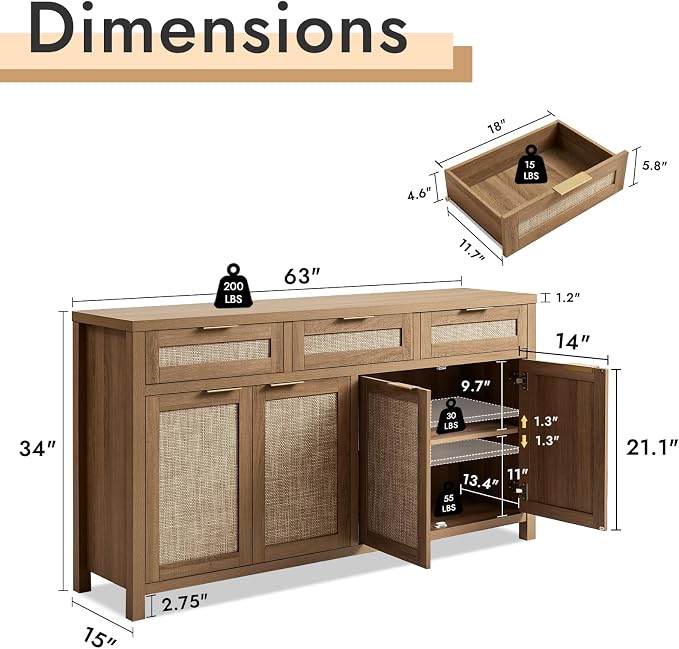 HOKYHOKY 63" Rattan Sideboard Buffet Cabinet, Boho Storage Cabinet - Image 3