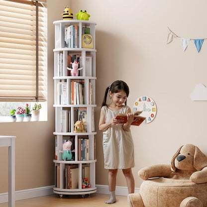 Solid Wood Rotating Bookshelf on Wheels, 6 Tier, Round Revolving Bookcase - Image 3