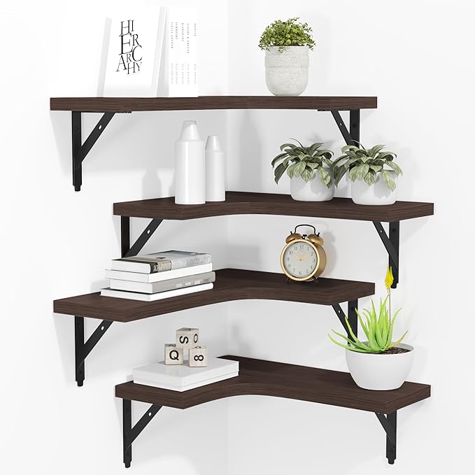 ROMGUAR CRAFT Corner Floating Shelves Wall Mounted Set of 4, Rustic Wood by ROMGUAR+CRAFT