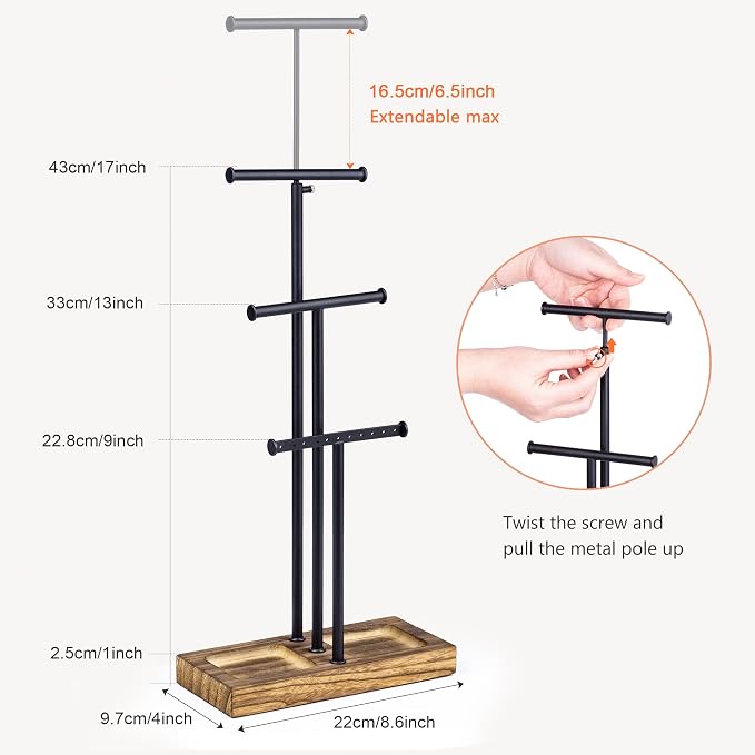 Love-KANKEI Jewelry Organizer Stand Metal & Wood Base and Large Storage - Image 7