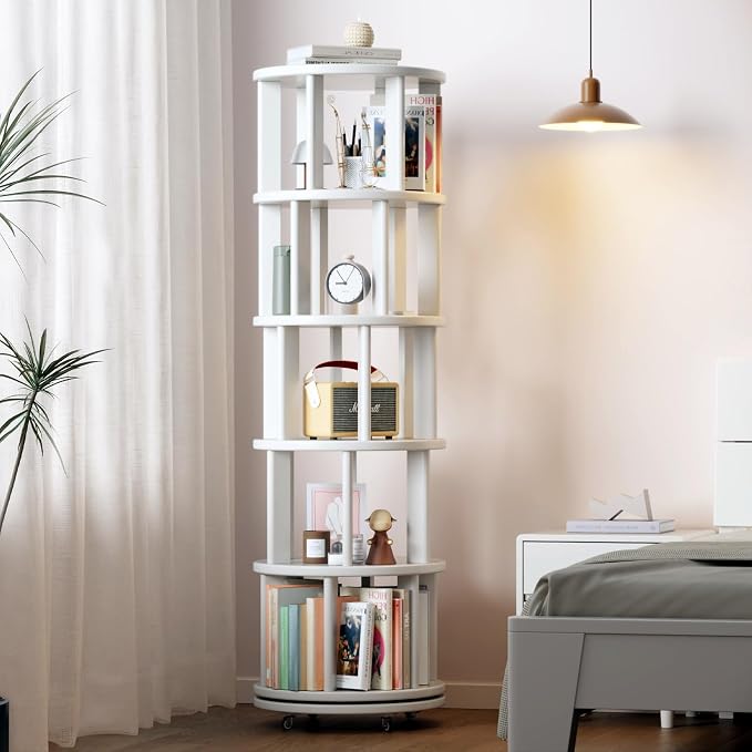 Solid Wood Rotating Bookshelf on Wheels, 5 Tier, Round Revolving Bookcase - Image 8