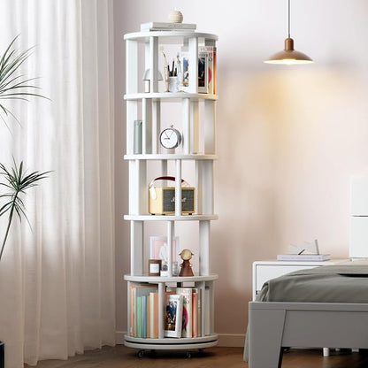 Solid Wood Rotating Bookshelf on Wheels, 5 Tier, Round Revolving Bookcase - Image 8