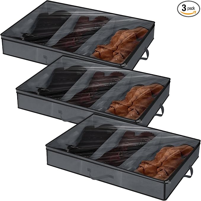 SATINIOR 3 Pcs 3 Section Under Bed Shoe Storage Boot Bag Grey and Black by SATINIOR