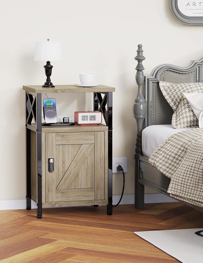 runjuly Wooden Nightstand with Lock Cabinet and Charging Station, Greige | 1 - Image 2