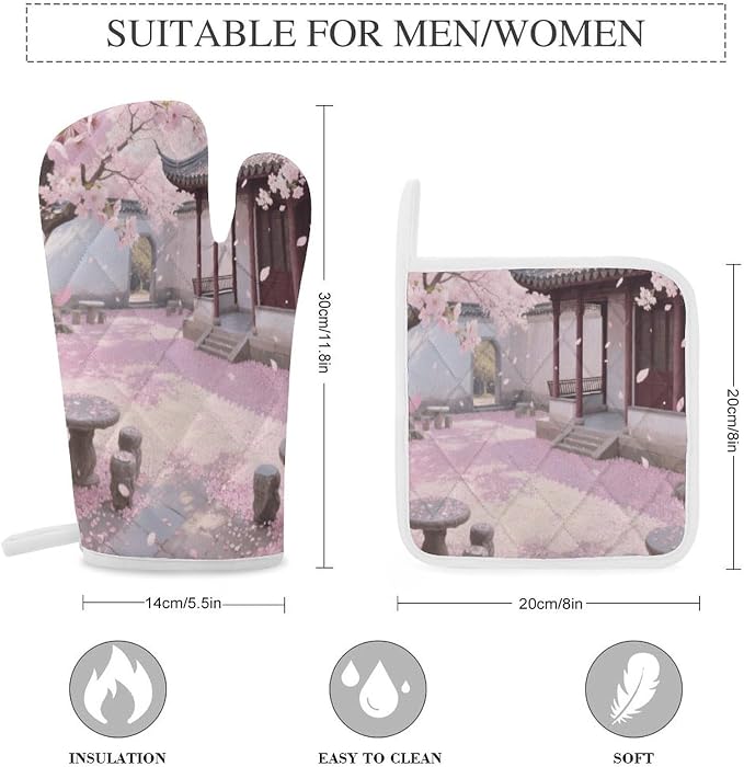 Cherry Blossom Garden Oven Mitts and Pot Holders 3pcs Set | Polyester Heat - Image 2