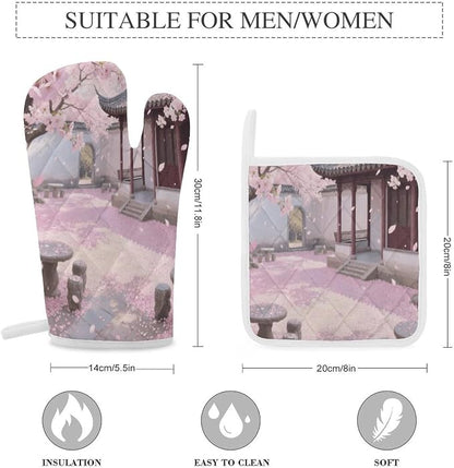 Cherry Blossom Garden Oven Mitts and Pot Holders 3pcs Set | Polyester Heat - Image 2