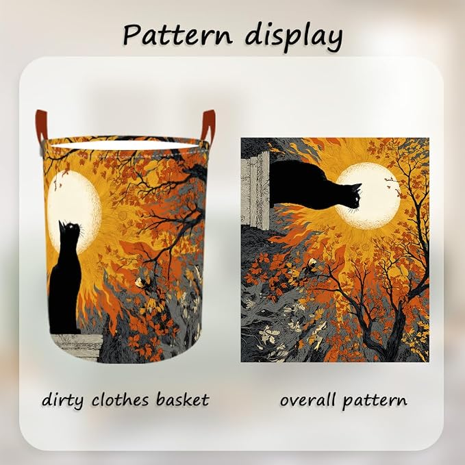 Laundry Baskets 15.7x19.7 Inch Black Cat Autumn Sunset Tree Design Collapsible - Image 5