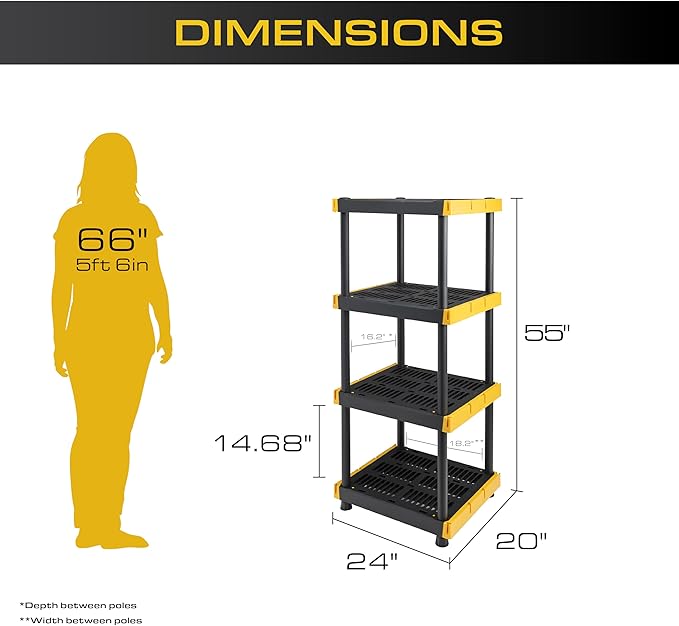 BLACK & YELLOW 4-Tier Heavy Duty Plastic Storage Shelving Unit, 100lbs/shelf - Image 2