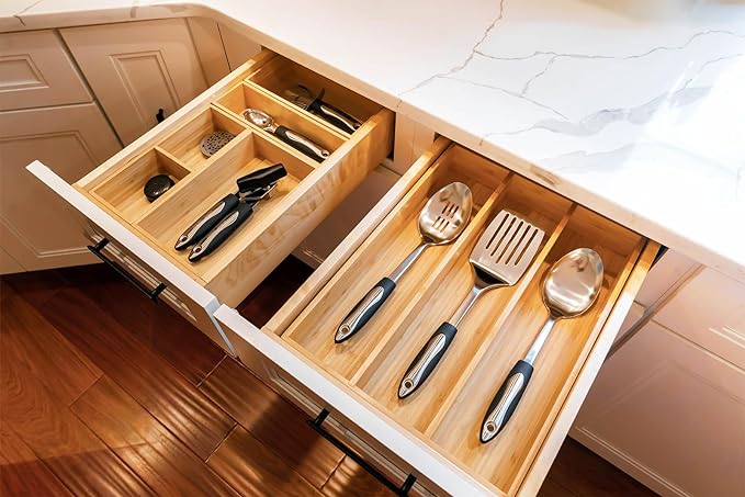 Umilife Bamboo Kitchen Utensils Organizer, Extra High Silverware Drawer Tray - Image 5