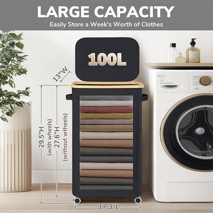 Goodpick Laundry Basket with Wheels, 100L Rolling Laundry Hamper with Lid - Image 3