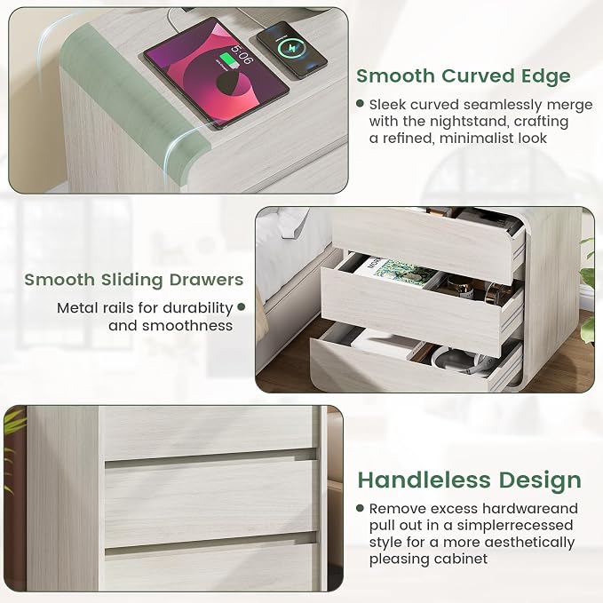 White Nightstand Set of 2 with Charging Station, 23.2" Wide Wood Bedside Table - Image 6