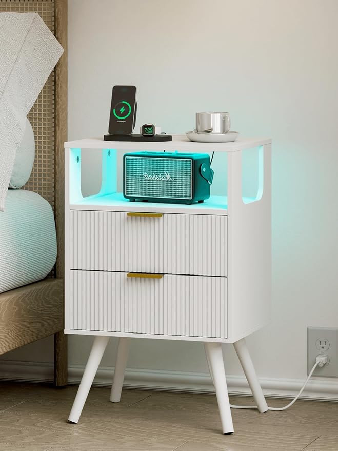 Nightstand with Charging Station and LED Lights, Modern Bedside Table with 2 by Leomonio