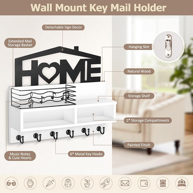 VIS'V Key Holder Wall Mount, Decorative Wood Mail and Key Organizer, Small Shelf - Image 3