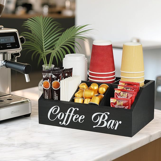 Coffee Bar Accessories Organizer 5 Compartment Wood Countertop Storage | - Image 5