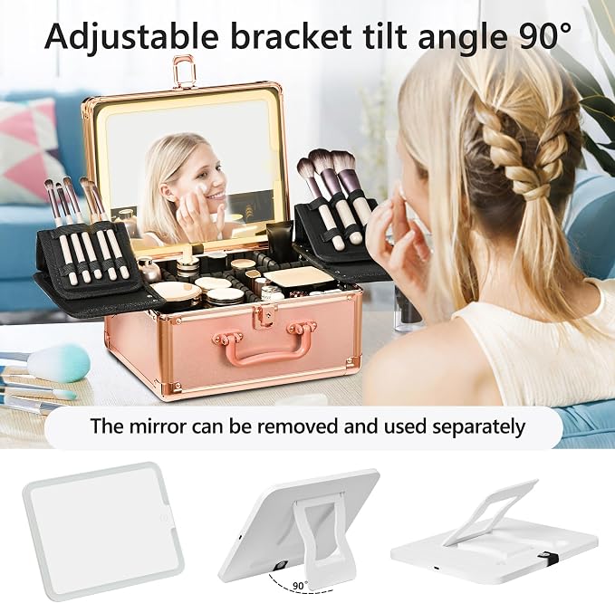 Rose Gold Makeup Case with Lighted Mirror, Detachable LED Mirror, Travel Makeup - Image 3