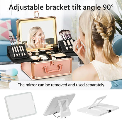Rose Gold Makeup Case with Lighted Mirror, Detachable LED Mirror, Travel Makeup - Image 3