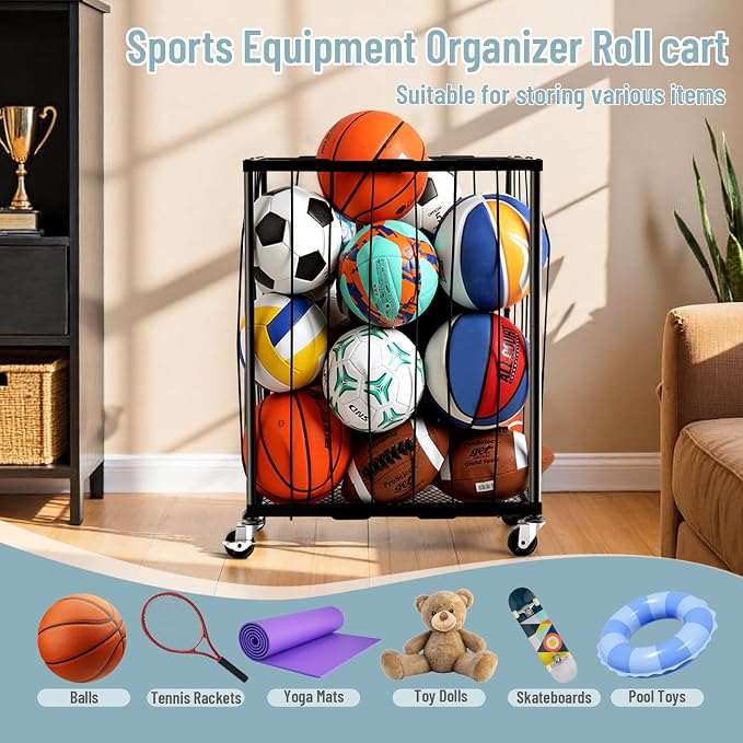 TomCare Garage Ball Rolling Storage Rack Large Capacity Basketball Holder - Image 4