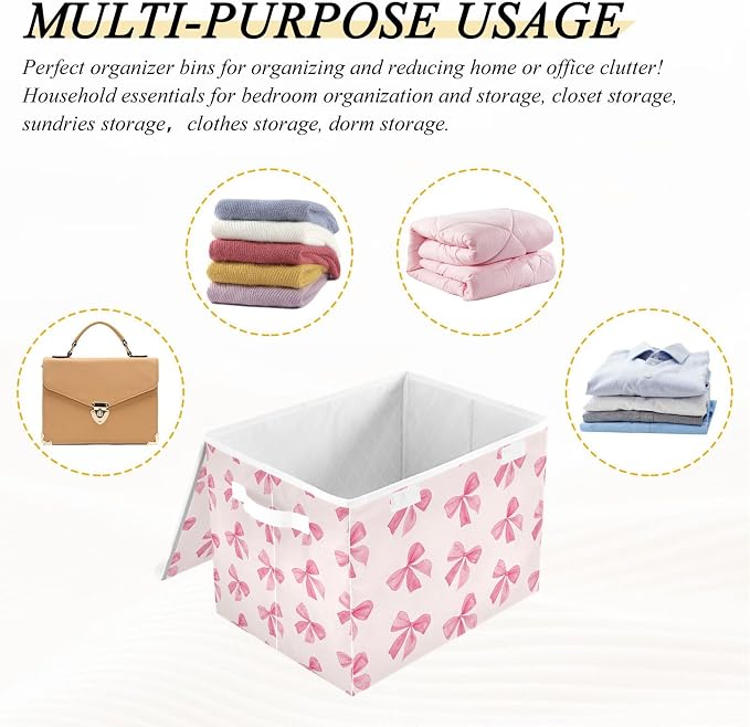 Pink Bow Storage Bins with Lids and Carrying Handle, Foldable Storage Boxes - Image 7