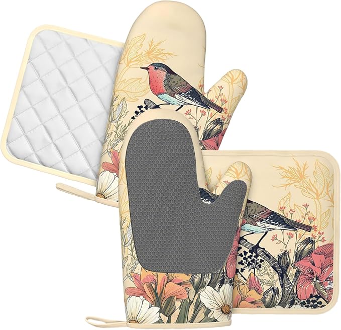 Bird Floral Oven Mitts and Pan Racks, Silicone Non-Slip Vintage Garden Bird - Image 2