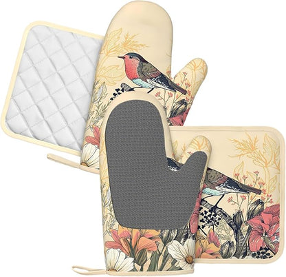 Bird Floral Oven Mitts and Pan Racks, Silicone Non-Slip Vintage Garden Bird - Image 2