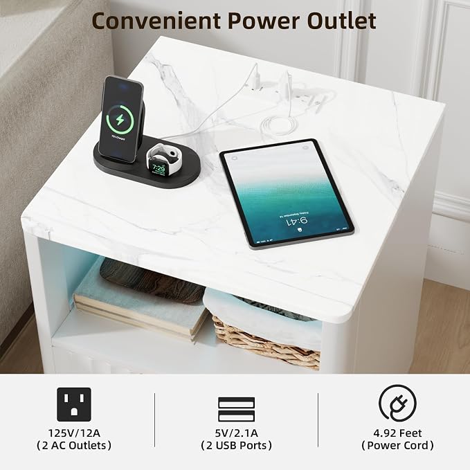 VOWNER Fluted Nightstand with Charging Station, 18” Night Stand with 2 Drawers - Image 3