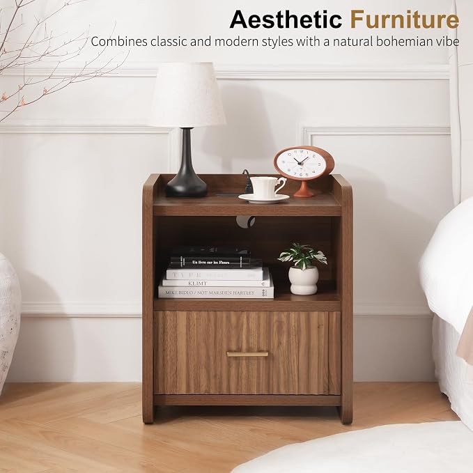 Night Stand with Charger Station, Fluted Wood Nightstand with Drawer Storage - Image 8