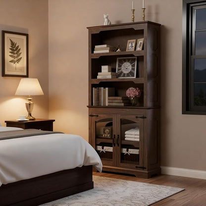 70 Inch Farmhouse Bookcase, Walnut Two-Tone Shelves, 5 Tier Bookshelf - Image 7