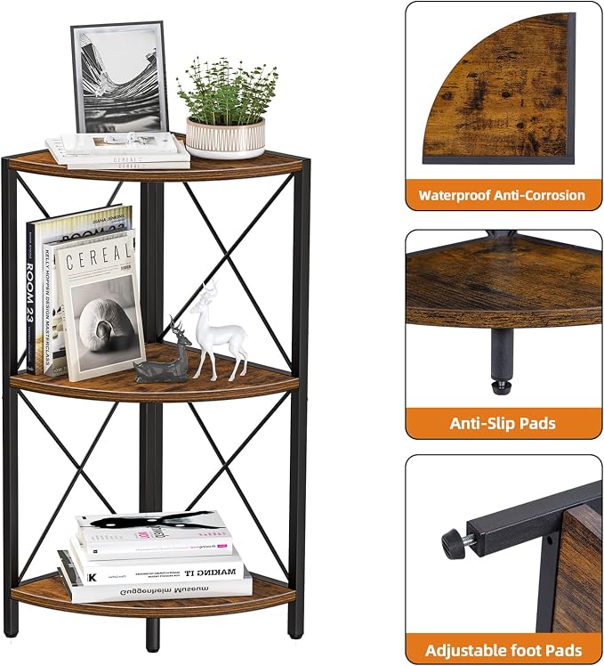 Snughome Corner Shelf with Metal Frame, 3 Tier Rustic Corner Storage Organizer - Image 5