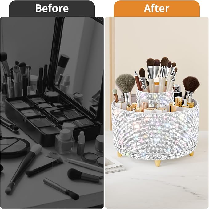 fanado Bling Diamond Makeup Brush Holder, 360° Rotating Makeup Organizer - Image 6