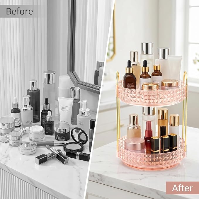 Fangoo 2 Tiers Pink Rotating Makeup Organizer - Image 7