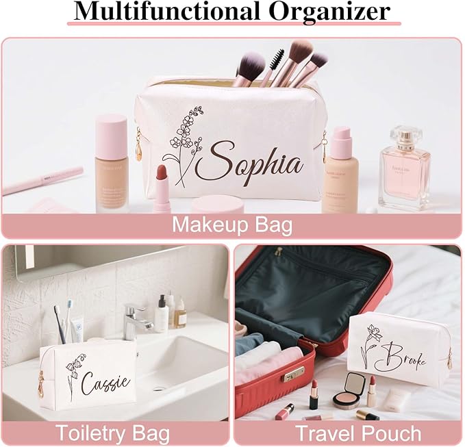Personalized Makeup Bag with Name & Birth Flower, Custom Leather Cosmetic Bags - Image 4