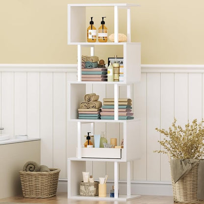 Furologee White Geometric Bookshelf 6 Tier S-Shaped Bookcase, Tall Modern - Image 8
