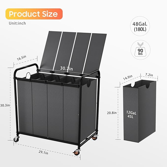 Laundry Sorter 4 Sections 48 Gal, Rolling Laundry Basket - Image 2