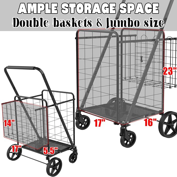 Foldable Shopping Cart with Waterproof Bag, Swivel Wheels & Double Basket | - Image 5