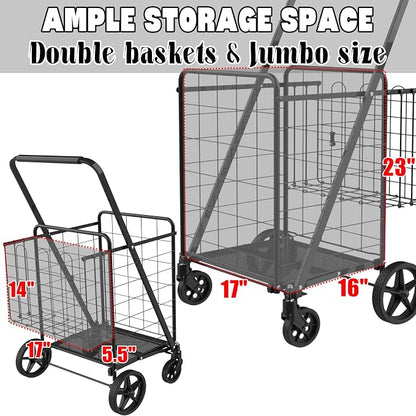 Foldable Shopping Cart with Waterproof Bag, Swivel Wheels & Double Basket | - Image 5