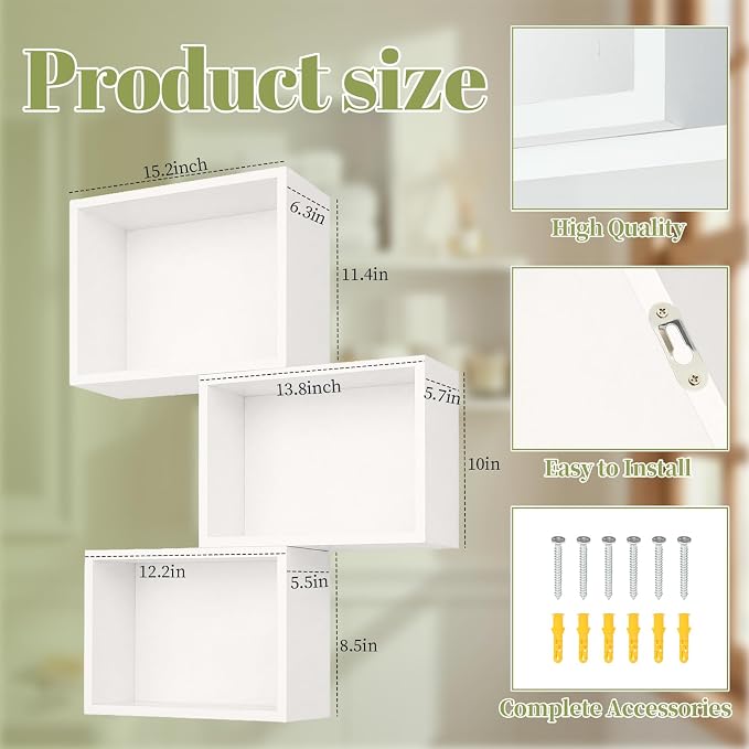 Novabright 3 Set Floating Cube Shelves Wall Mounted Wood Decor, Hanging Storage - Image 2