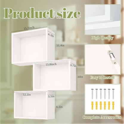 Novabright 3 Set Floating Cube Shelves Wall Mounted Wood Decor, Hanging Storage - Image 2