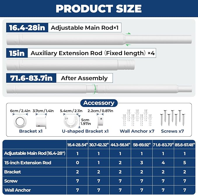 Mavivegue Closet Rod, 17 to 84 Inch Adjustable Closet Rods - Image 2