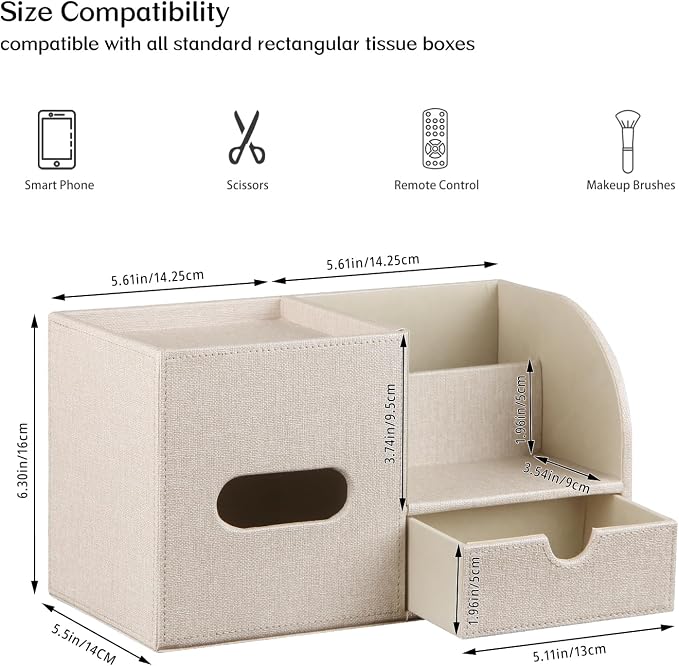 Square Tissue Box Cover with Drawer Storage and Tray on Top, PU Leather Tissues - Image 3