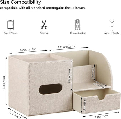 Square Tissue Box Cover with Drawer Storage and Tray on Top, PU Leather Tissues - Image 3