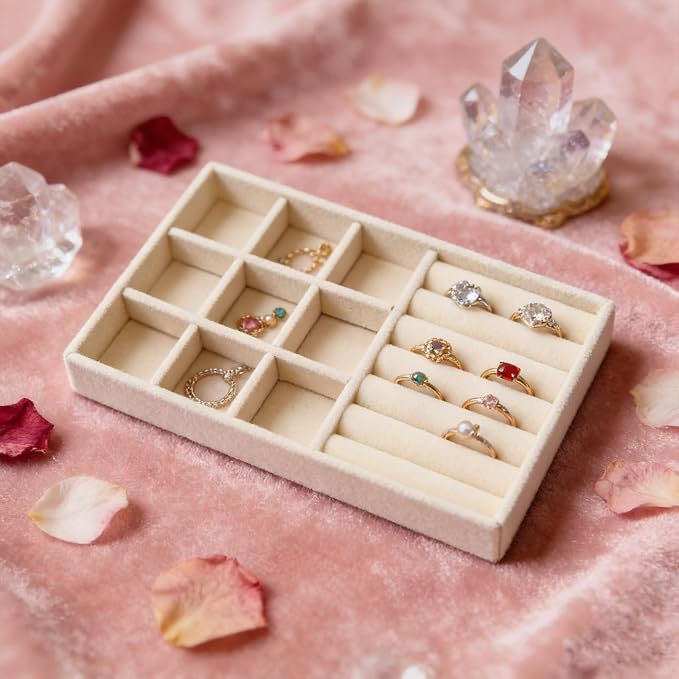 Velvet Jewelry Organizer Trays Beige 9 Grids and Rolls | Stackable Jewelry - Image 4