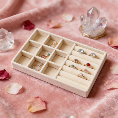 Velvet Jewelry Organizer Trays Beige 9 Grids and Rolls | Stackable Jewelry - Image 4