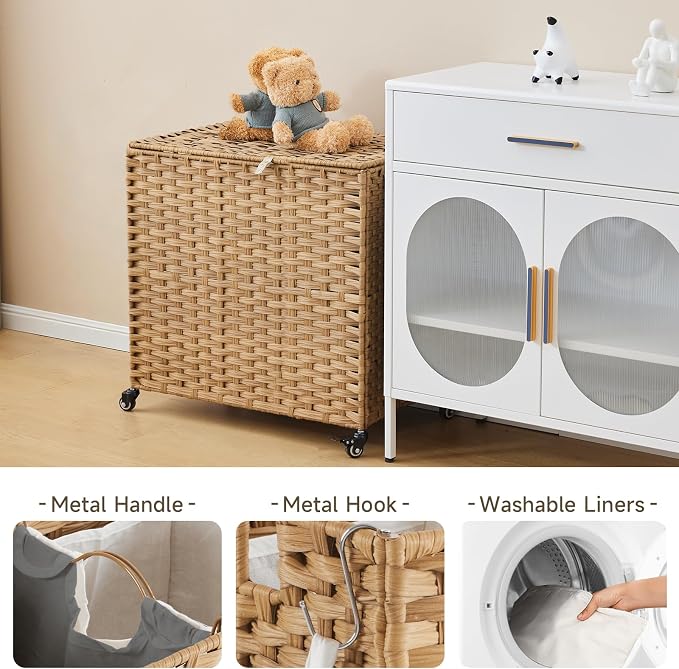 Laundry Hamper with Wheels, 39.6 Gallon Rolling Laundry Basket with Lid - Image 5